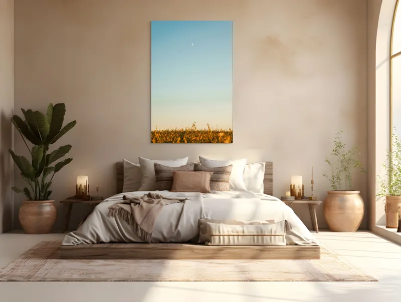 Tablou Canvas, "Luna deasupra câmpului de grâu", Cer, Lună, Avion, Iarbă, Apus, Orizont, Lumină, Seninătate., 100 x 150 cm – poza 3
