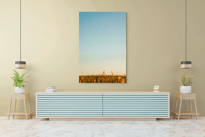Tablou Canvas, "Luna deasupra câmpului de grâu", Cer, Lună, Avion, Iarbă, Apus, Orizont, Lumină, Seninătate., 100 x 150 cm – poza 4