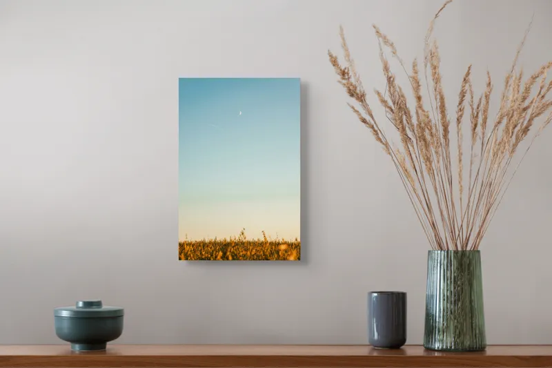 Tablou Canvas, "Luna deasupra câmpului de grâu", Cer, Lună, Avion, Iarbă, Apus, Orizont, Lumină, Seninătate., 26 x 39 cm – poza 5