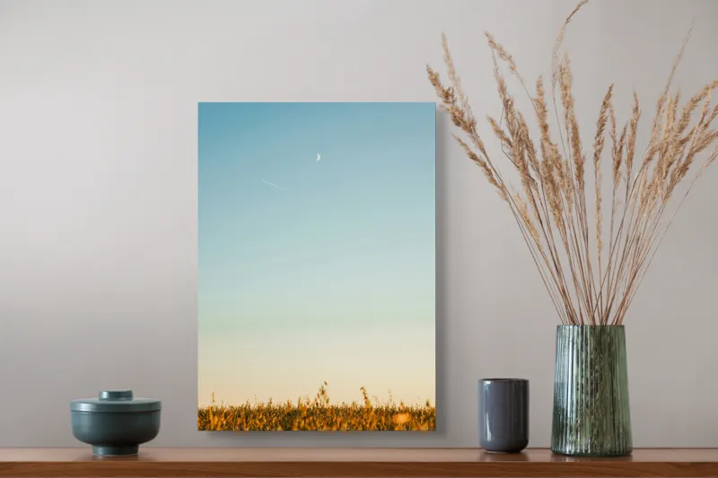Tablou Canvas, "Luna deasupra câmpului de grâu", Cer, Lună, Avion, Iarbă, Apus, Orizont, Lumină, Seninătate., 39 x 54 cm – poza 3