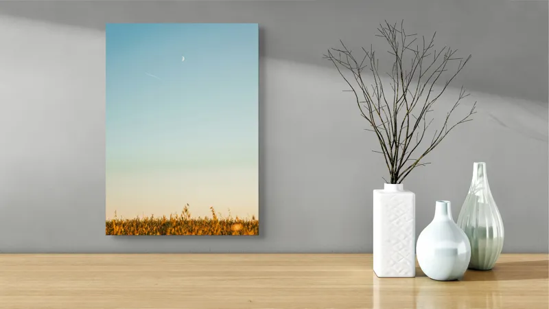 Tablou Canvas, "Luna deasupra câmpului de grâu", Cer, Lună, Avion, Iarbă, Apus, Orizont, Lumină, Seninătate., 39 x 54 cm – poza 4