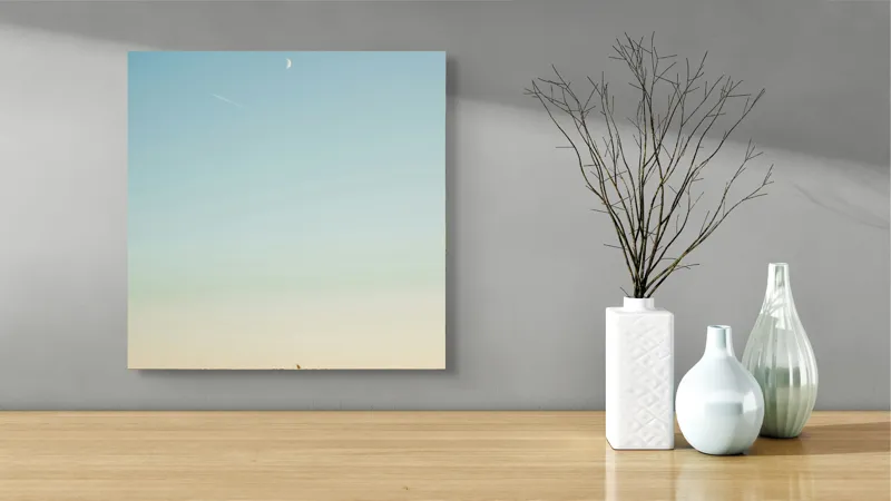 Tablou Canvas, "Luna deasupra câmpului de grâu", Cer, Lună, Avion, Iarbă, Apus, Orizont, Lumină, Seninătate., 50 x 50 cm – poza 3