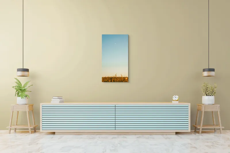 Tablou Canvas, "Luna deasupra câmpului de grâu", Cer, Lună, Avion, Iarbă, Apus, Orizont, Lumină, Seninătate., 50 x 90 cm – poza 6