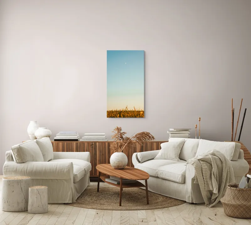 Tablou Canvas, "Luna deasupra câmpului de grâu", Cer, Lună, Avion, Iarbă, Apus, Orizont, Lumină, Seninătate., 50 x 90 cm – poza 7