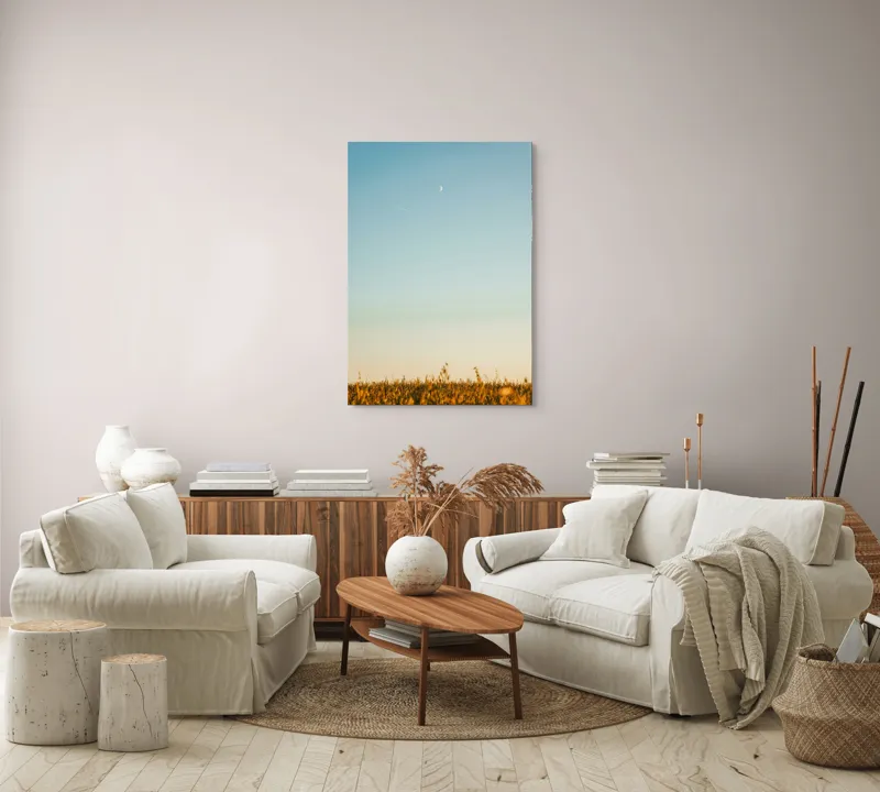Tablou Canvas, "Luna deasupra câmpului de grâu", Cer, Lună, Avion, Iarbă, Apus, Orizont, Lumină, Seninătate., 70 x 100 cm – poza 4
