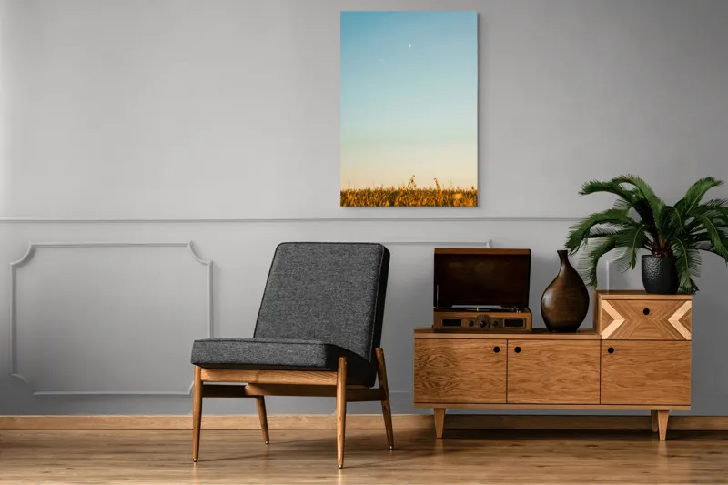 Tablou Canvas, "Luna deasupra câmpului de grâu", Cer, Lună, Avion, Iarbă, Apus, Orizont, Lumină, Seninătate., 70 x 100 cm – poza 6