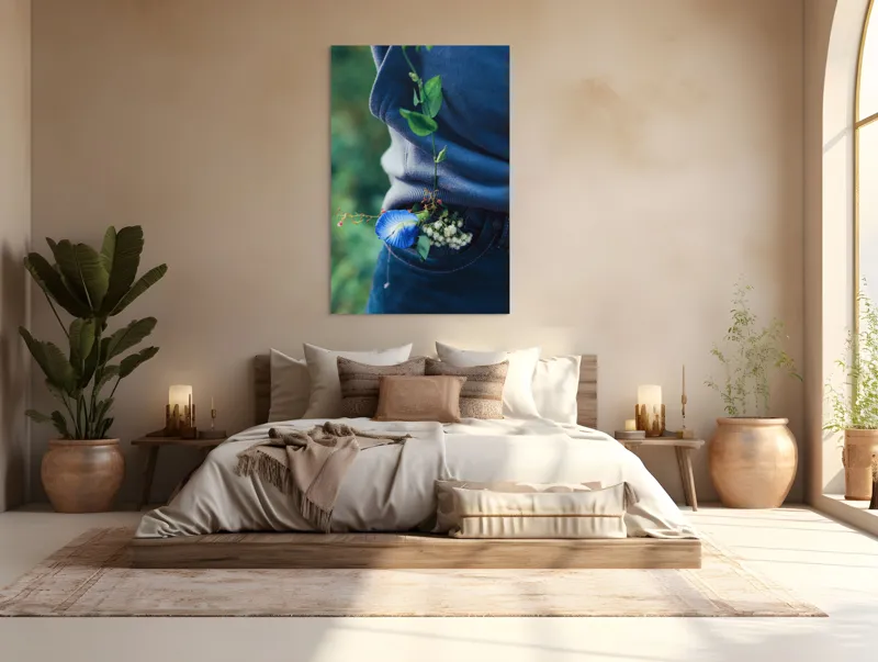 Tablou Canvas, "Floare albastră la brâu de blugi", Flori, Albastru, Blugi, Frunze, Natură, Eșarfă, Tandrețe, Casual, Verde, Detaliu, 100 x 150 cm – poza 3