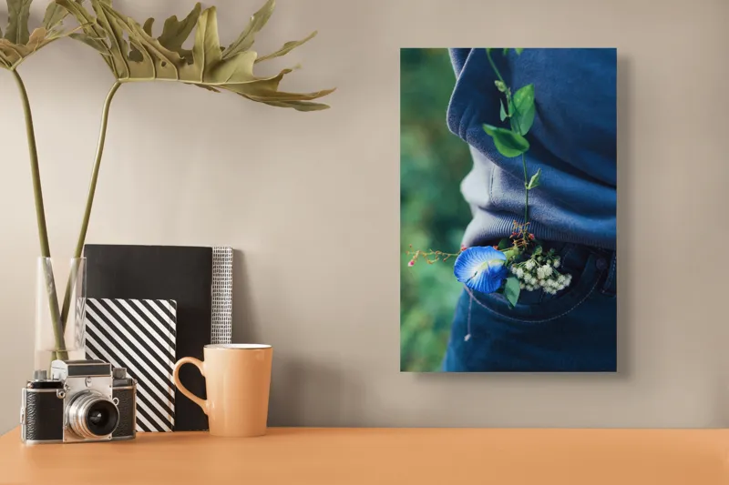 Tablou Canvas, "Floare albastră la brâu de blugi", Flori, Albastru, Blugi, Frunze, Natură, Eșarfă, Tandrețe, Casual, Verde, Detaliu, 26 x 39 cm – poza 3