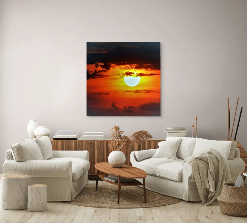 Tablou Canvas, "Soarele strălucitor la apusul înserării", Soare, Cer, Nori, Apus, Lumina, Culori, Seară, Strălucire, Pictural, Liniște, 100 x 100 cm – poza 3