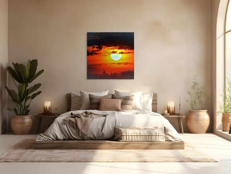 Tablou Canvas, "Soarele strălucitor la apusul înserării", Soare, Cer, Nori, Apus, Lumina, Culori, Seară, Strălucire, Pictural, Liniște, 100 x 100 cm – poza 4