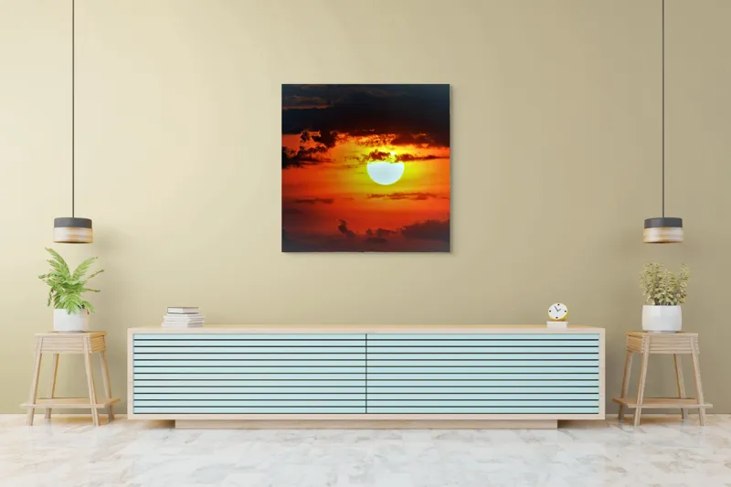 Tablou Canvas, "Soarele strălucitor la apusul înserării", Soare, Cer, Nori, Apus, Lumina, Culori, Seară, Strălucire, Pictural, Liniște, 100 x 100 cm – poza 5