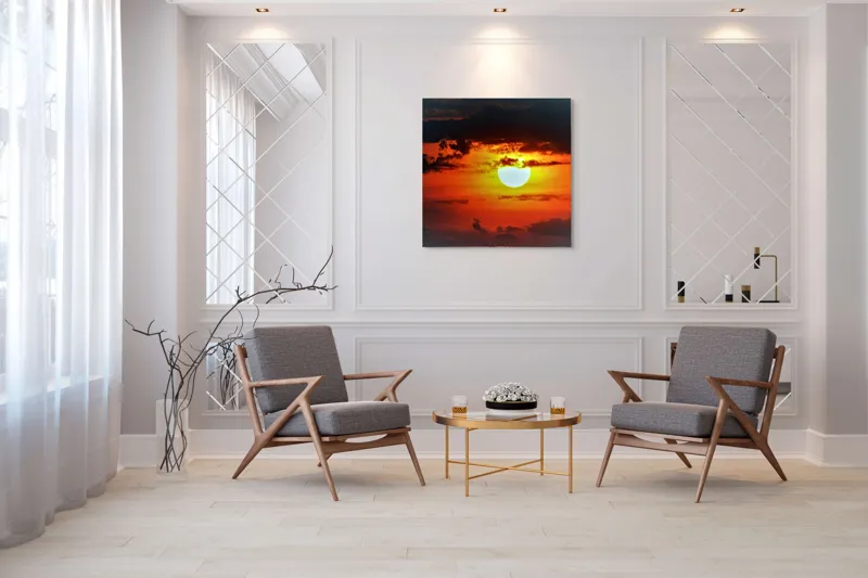 Tablou Canvas, "Soarele strălucitor la apusul înserării", Soare, Cer, Nori, Apus, Lumina, Culori, Seară, Strălucire, Pictural, Liniște, 100 x 100 cm – poza 7