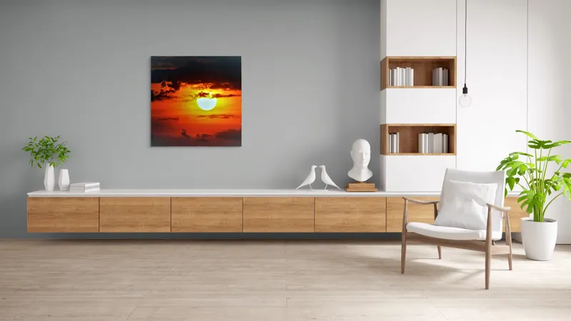 Tablou Canvas, "Soarele strălucitor la apusul înserării", Soare, Cer, Nori, Apus, Lumina, Culori, Seară, Strălucire, Pictural, Liniște, 100 x 100 cm – poza 8