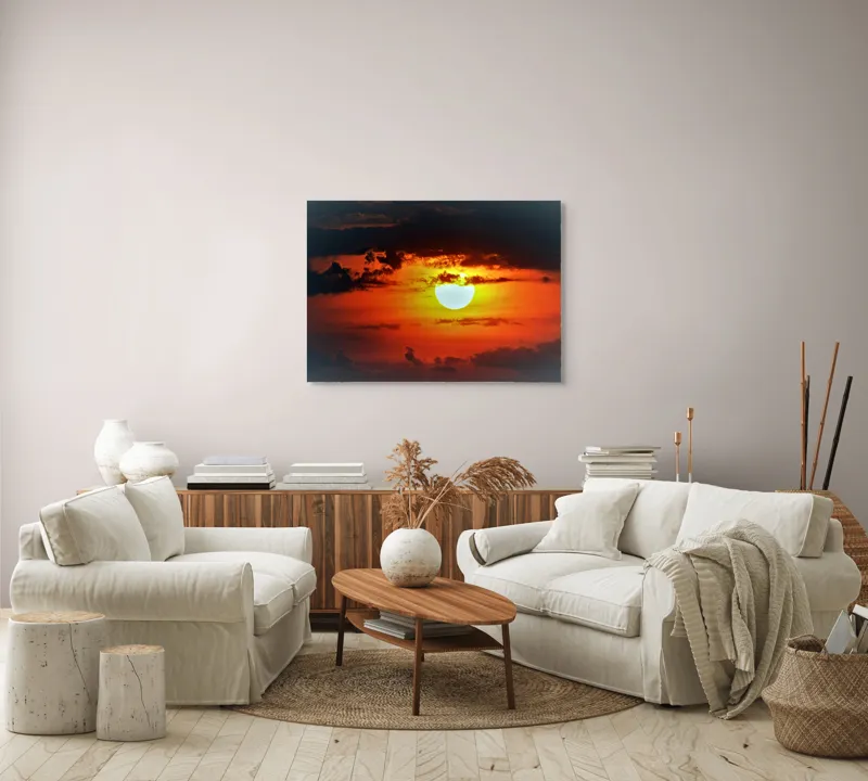 Tablou Canvas, "Soarele strălucitor la apusul înserării", Soare, Cer, Nori, Apus, Lumina, Culori, Seară, Strălucire, Pictural, Liniște, 100 x 70 cm – poza 3