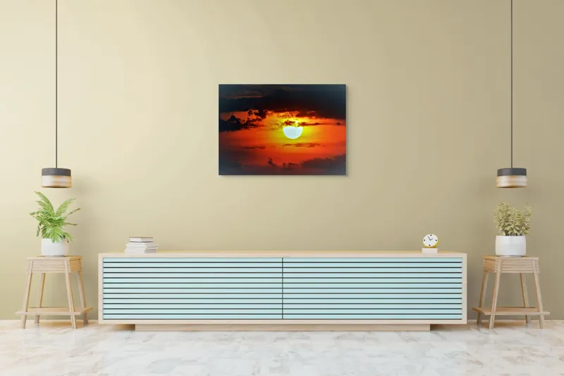 Tablou Canvas, "Soarele strălucitor la apusul înserării", Soare, Cer, Nori, Apus, Lumina, Culori, Seară, Strălucire, Pictural, Liniște, 100 x 70 cm – poza 4