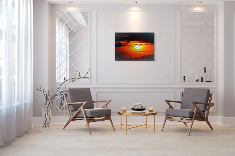Tablou Canvas, "Soarele strălucitor la apusul înserării", Soare, Cer, Nori, Apus, Lumina, Culori, Seară, Strălucire, Pictural, Liniște, 100 x 70 cm – poza 5
