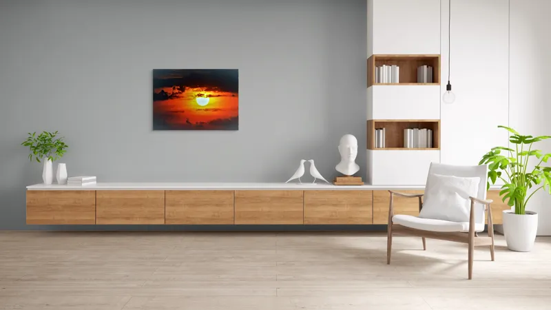 Tablou Canvas, "Soarele strălucitor la apusul înserării", Soare, Cer, Nori, Apus, Lumina, Culori, Seară, Strălucire, Pictural, Liniște, 100 x 70 cm – poza 6