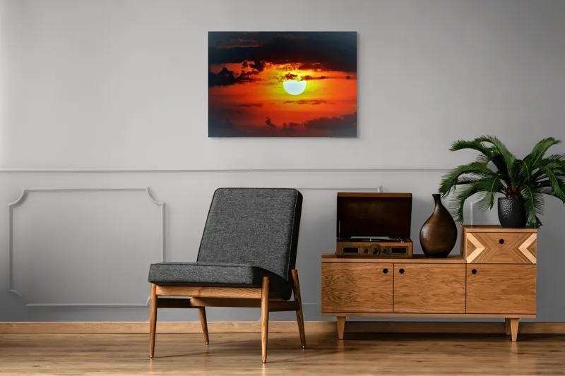 Tablou Canvas, "Soarele strălucitor la apusul înserării", Soare, Cer, Nori, Apus, Lumina, Culori, Seară, Strălucire, Pictural, Liniște, 100 x 70 cm – poza 8