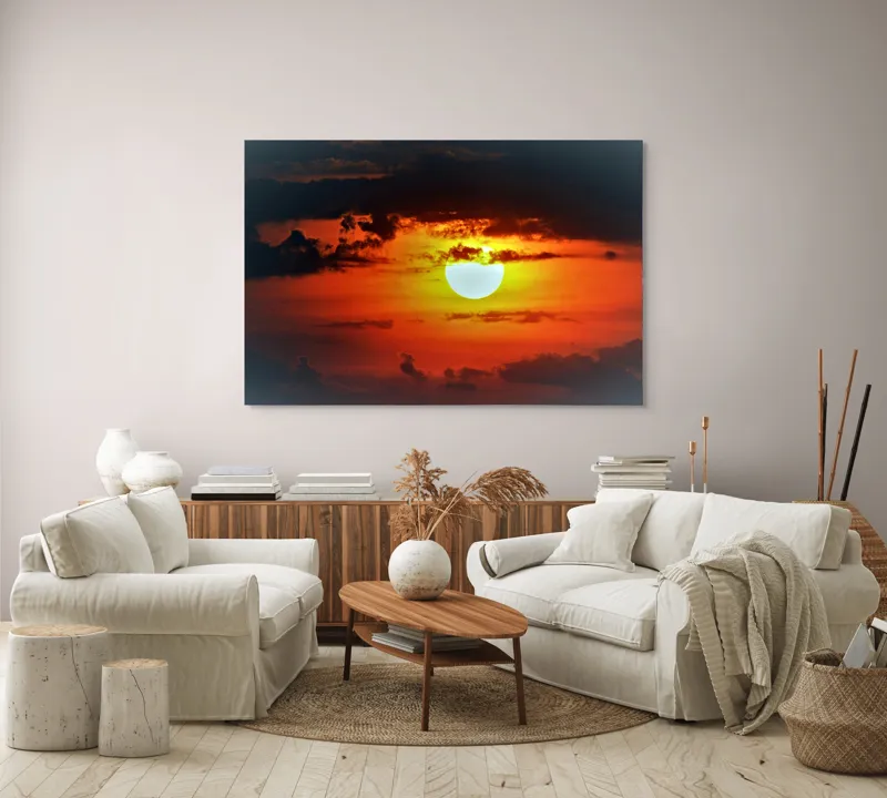 Tablou Canvas, "Soarele strălucitor la apusul înserării", Soare, Cer, Nori, Apus, Lumina, Culori, Seară, Strălucire, Pictural, Liniște, 150 x 100 cm – poza 3