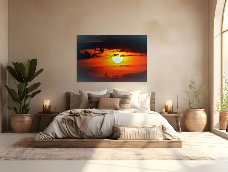 Tablou Canvas, "Soarele strălucitor la apusul înserării", Soare, Cer, Nori, Apus, Lumina, Culori, Seară, Strălucire, Pictural, Liniște, 150 x 100 cm – poza 4