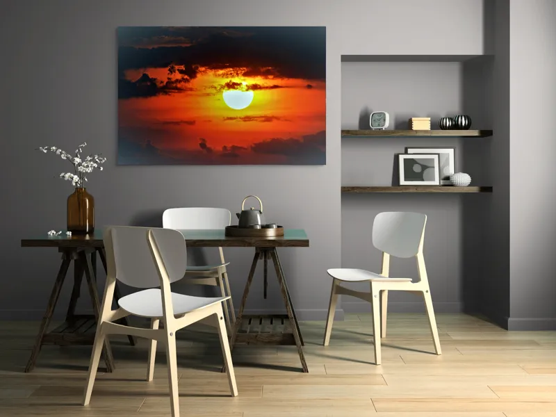 Tablou Canvas, "Soarele strălucitor la apusul înserării", Soare, Cer, Nori, Apus, Lumina, Culori, Seară, Strălucire, Pictural, Liniște, 150 x 100 cm – poza 5