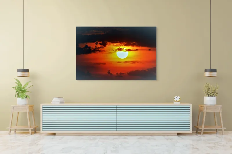 Tablou Canvas, "Soarele strălucitor la apusul înserării", Soare, Cer, Nori, Apus, Lumina, Culori, Seară, Strălucire, Pictural, Liniște, 150 x 100 cm – poza 6