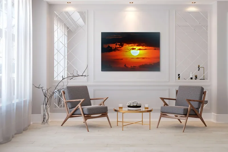 Tablou Canvas, "Soarele strălucitor la apusul înserării", Soare, Cer, Nori, Apus, Lumina, Culori, Seară, Strălucire, Pictural, Liniște, 150 x 100 cm – poza 7