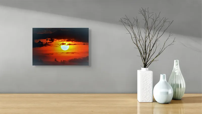 Tablou Canvas, "Soarele strălucitor la apusul înserării", Soare, Cer, Nori, Apus, Lumina, Culori, Seară, Strălucire, Pictural, Liniște, 39 x 26 cm – poza 8