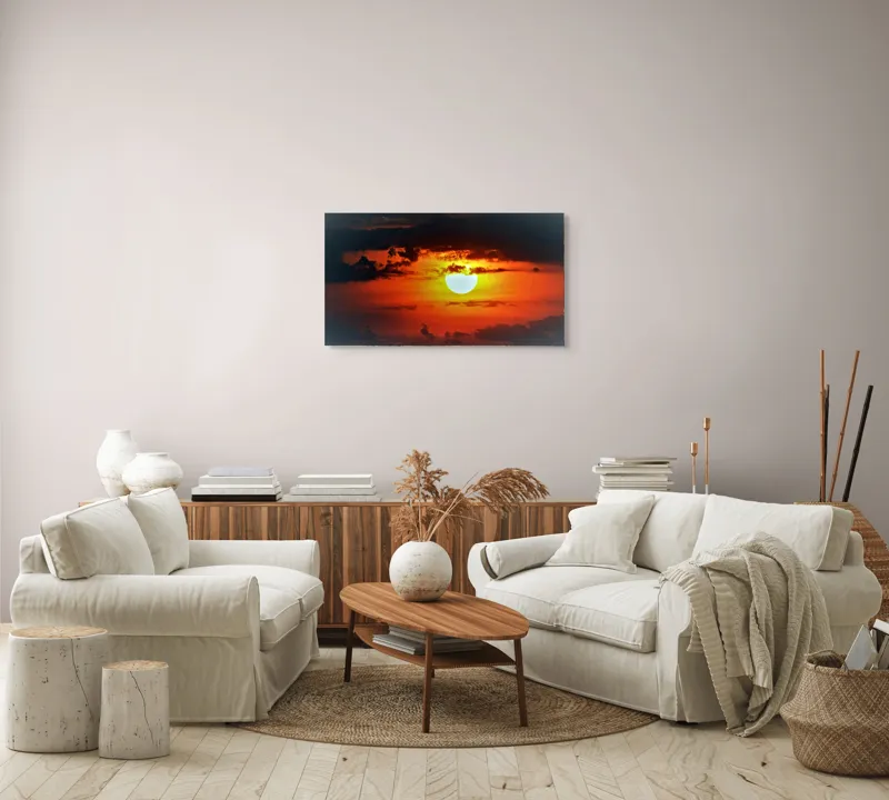Tablou Canvas, "Soarele strălucitor la apusul înserării", Soare, Cer, Nori, Apus, Lumina, Culori, Seară, Strălucire, Pictural, Liniște, 90 x 50 cm – poza 4