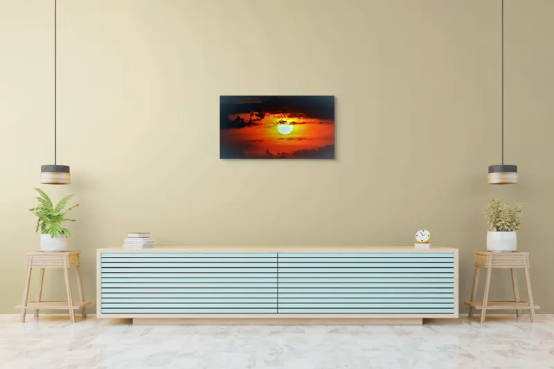 Tablou Canvas, "Soarele strălucitor la apusul înserării", Soare, Cer, Nori, Apus, Lumina, Culori, Seară, Strălucire, Pictural, Liniște, 90 x 50 cm – poza 5