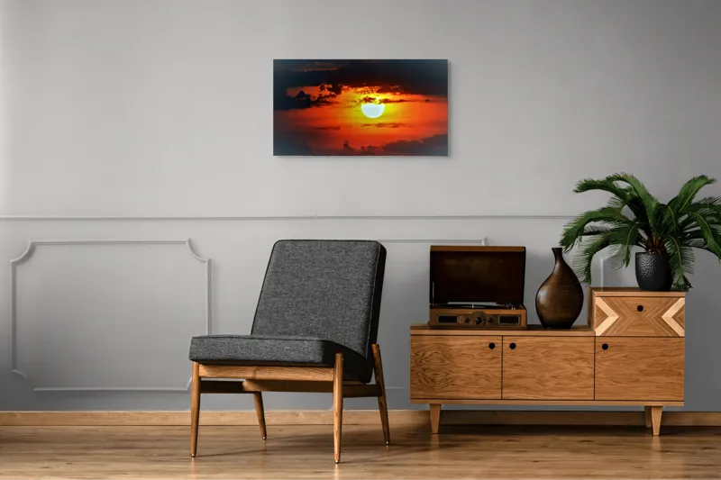 Tablou Canvas, "Soarele strălucitor la apusul înserării", Soare, Cer, Nori, Apus, Lumina, Culori, Seară, Strălucire, Pictural, Liniște, 90 x 50 cm – poza 6