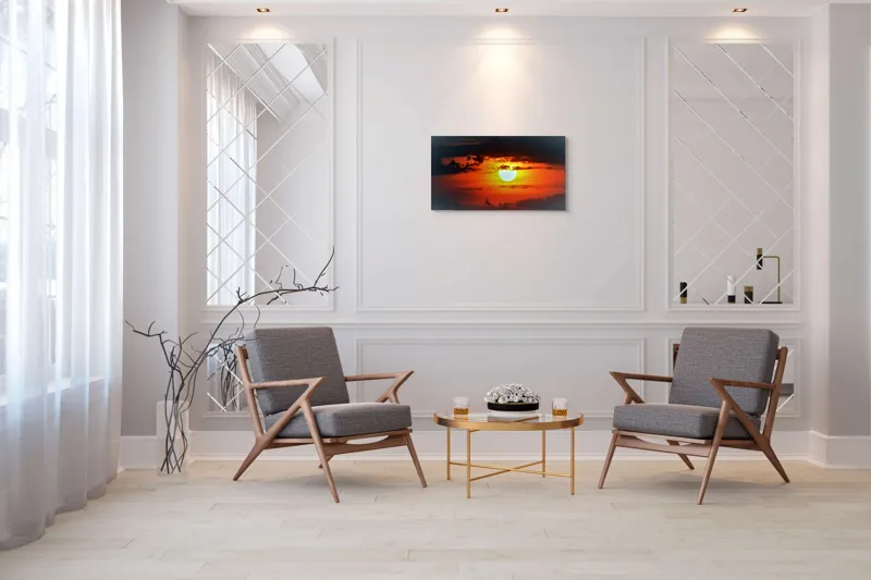 Tablou Canvas, "Soarele strălucitor la apusul înserării", Soare, Cer, Nori, Apus, Lumina, Culori, Seară, Strălucire, Pictural, Liniște, 90 x 50 cm – poza 7
