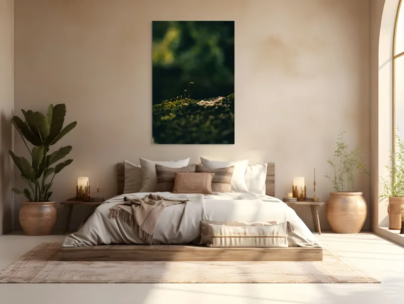 Tablou Canvas, "Mugur verde în tăcerea naturii", Plante, Frunze, Întuneric, Natură, Creștere, Mușchi, Detalii., 100 x 150 cm – poza 3