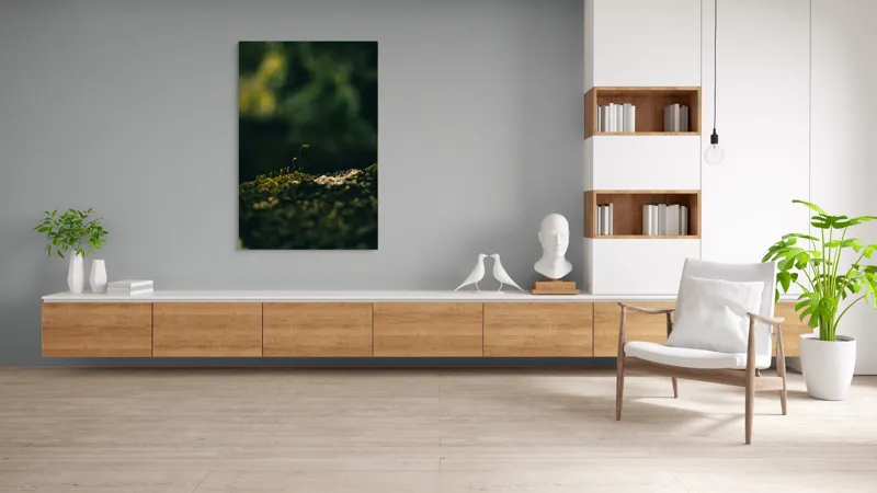 Tablou Canvas, "Mugur verde în tăcerea naturii", Plante, Frunze, Întuneric, Natură, Creștere, Mușchi, Detalii., 100 x 150 cm – poza 8