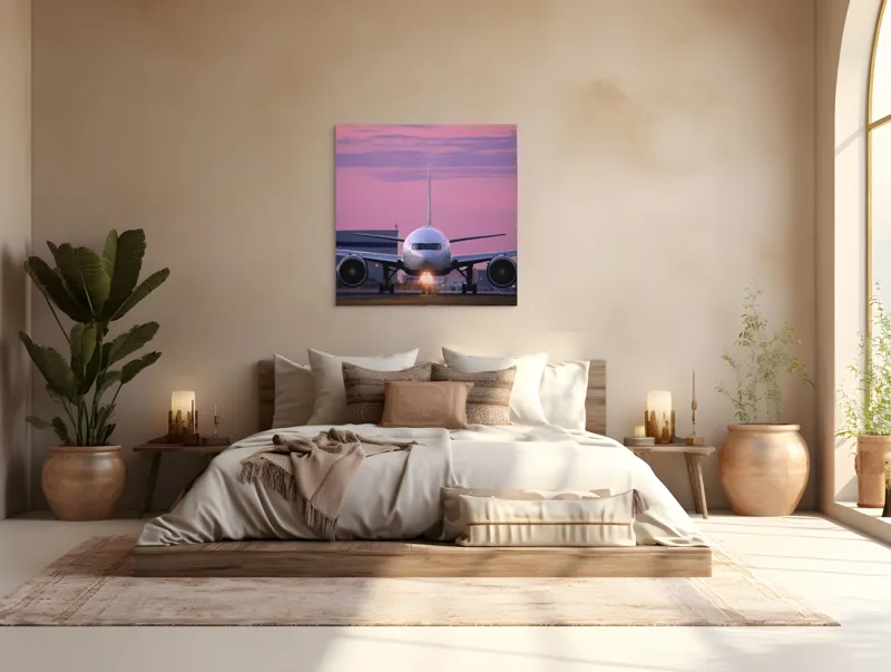 Tablou Canvas, "Avion pregătit de decolare la apus", Avion, Răsărit, Cer, Pista, Zbor, Călătorie, Aripi, Horizont, Nori, Lumini, 100 x 100 cm – poza 4