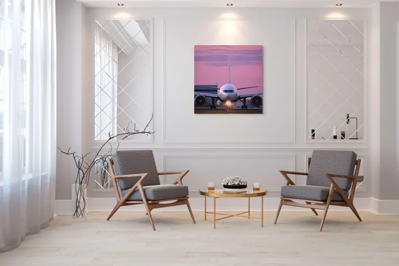 Tablou Canvas, "Avion pregătit de decolare la apus", Avion, Răsărit, Cer, Pista, Zbor, Călătorie, Aripi, Horizont, Nori, Lumini, 100 x 100 cm – poza 7