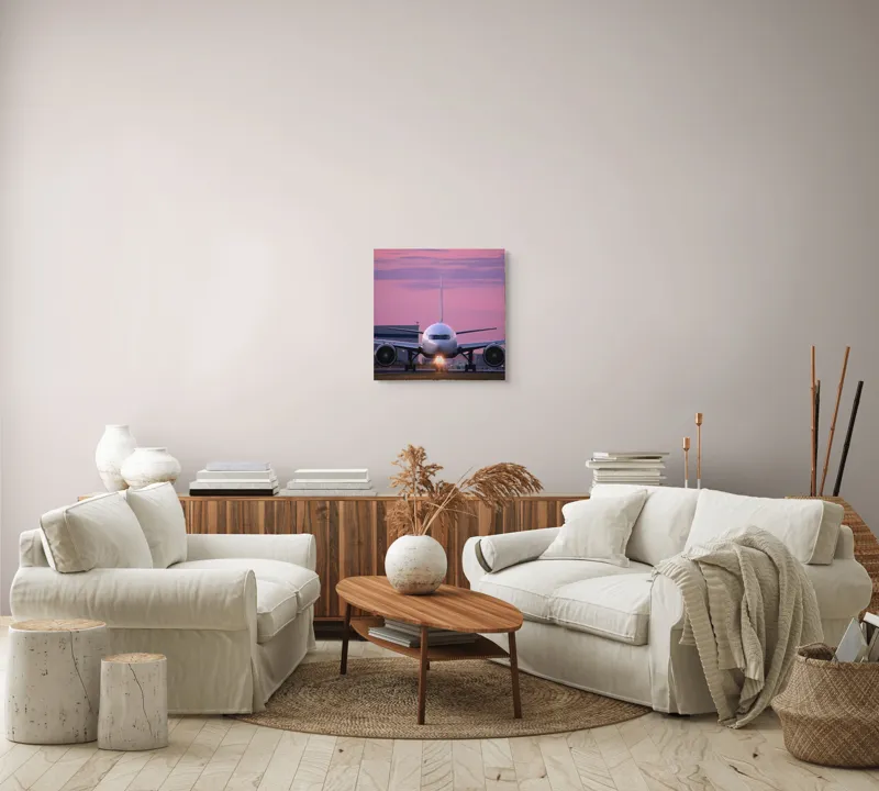 Tablou Canvas, "Avion pregătit de decolare la apus", Avion, Răsărit, Cer, Pista, Zbor, Călătorie, Aripi, Horizont, Nori, Lumini, 50 x 50 cm – poza 7