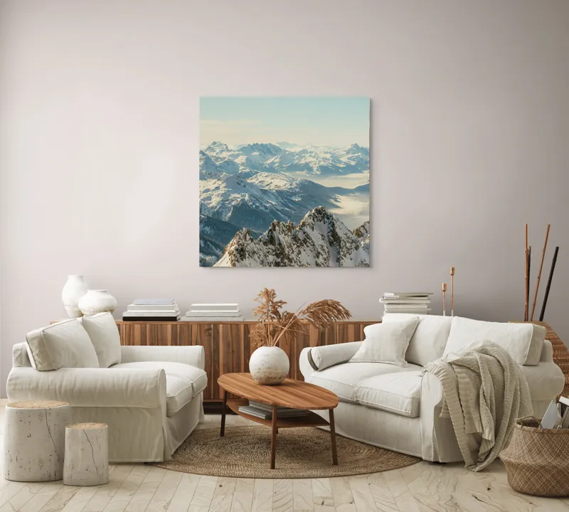 Tablou Canvas, "Măreția munților sub cer senin", Măreție, Liniște, Frig, Strălucire, Întinderi, Vârfuri, Albastru, Zare, 100 x 100 cm – poza 3