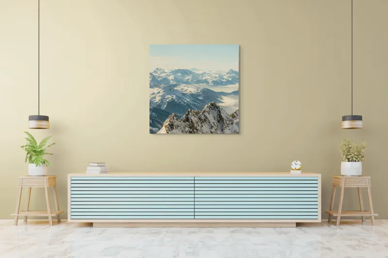 Tablou Canvas, "Măreția munților sub cer senin", Măreție, Liniște, Frig, Strălucire, Întinderi, Vârfuri, Albastru, Zare, 100 x 100 cm – poza 5