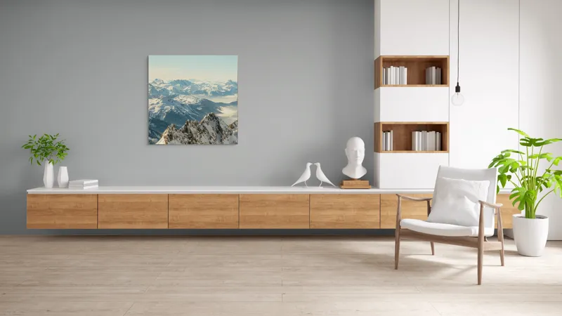 Tablou Canvas, "Măreția munților sub cer senin", Măreție, Liniște, Frig, Strălucire, Întinderi, Vârfuri, Albastru, Zare, 100 x 100 cm – poza 8