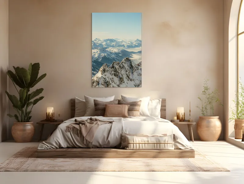 Tablou Canvas, "Măreția munților sub cer senin", Măreție, Liniște, Frig, Strălucire, Întinderi, Vârfuri, Albastru, Zare, 100 x 150 cm – poza 3