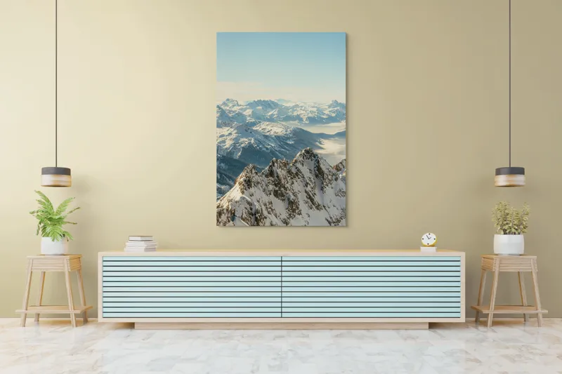 Tablou Canvas, "Măreția munților sub cer senin", Măreție, Liniște, Frig, Strălucire, Întinderi, Vârfuri, Albastru, Zare, 100 x 150 cm – poza 4