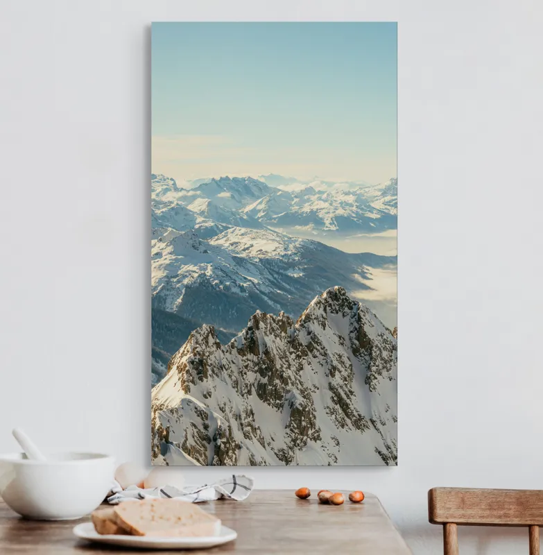 Tablou Canvas, "Măreția munților sub cer senin", Măreție, Liniște, Frig, Strălucire, Întinderi, Vârfuri, Albastru, Zare, 50 x 90 cm – poza 3