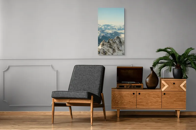 Tablou Canvas, "Măreția munților sub cer senin", Măreție, Liniște, Frig, Strălucire, Întinderi, Vârfuri, Albastru, Zare, 50 x 90 cm – poza 8