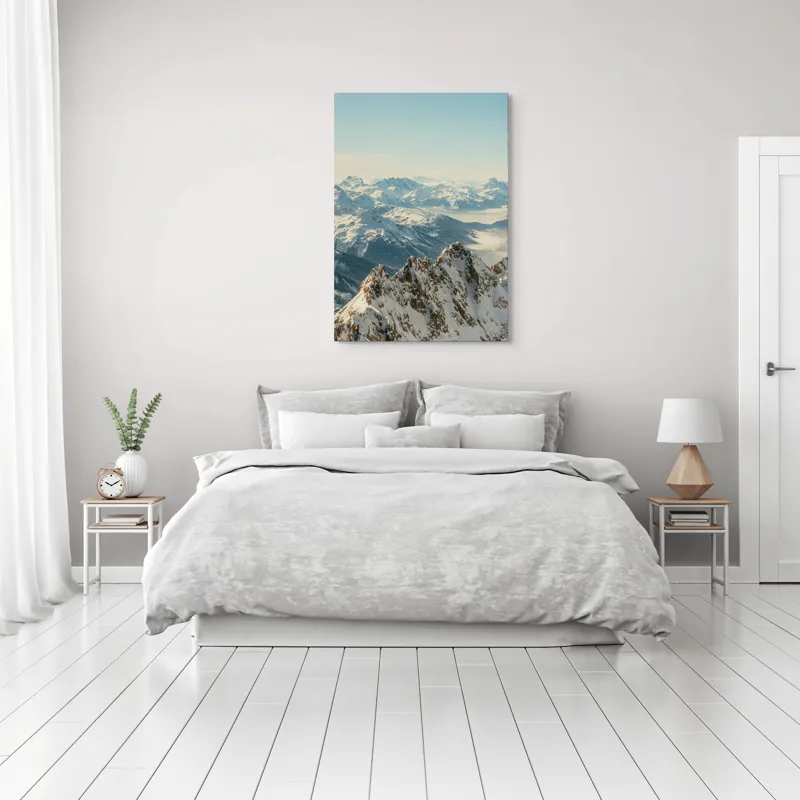Tablou Canvas, "Măreția munților sub cer senin", Măreție, Liniște, Frig, Strălucire, Întinderi, Vârfuri, Albastru, Zare, 70 x 100 cm – poza 3