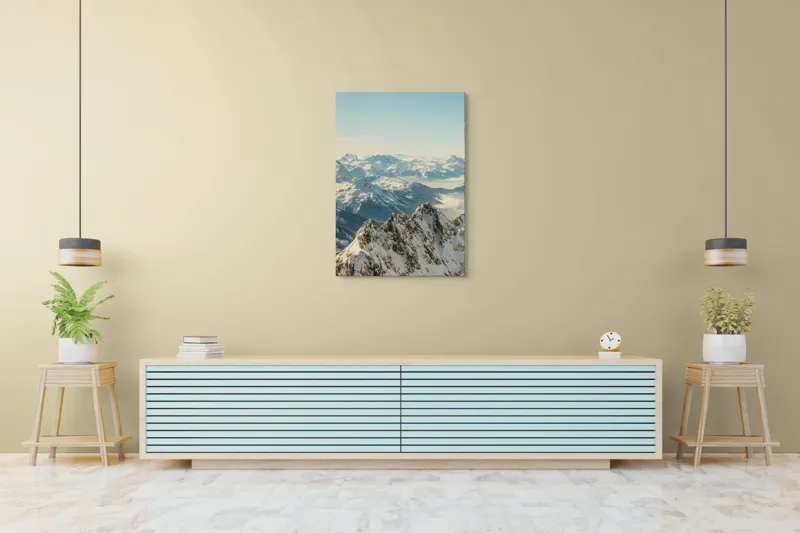 Tablou Canvas, "Măreția munților sub cer senin", Măreție, Liniște, Frig, Strălucire, Întinderi, Vârfuri, Albastru, Zare, 70 x 100 cm – poza 5