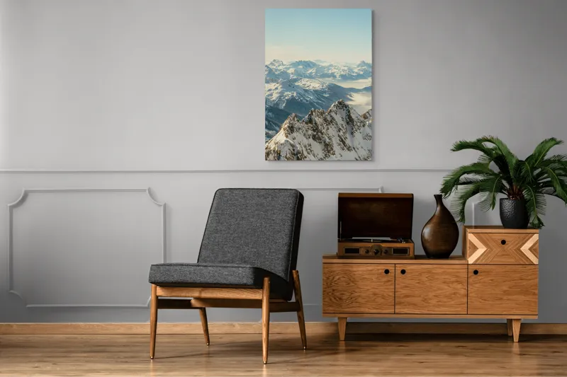 Tablou Canvas, "Măreția munților sub cer senin", Măreție, Liniște, Frig, Strălucire, Întinderi, Vârfuri, Albastru, Zare, 70 x 100 cm – poza 6