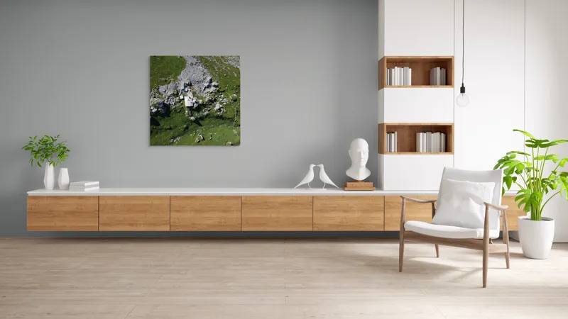 Tablou Canvas, "Coliba singuratică în munții verzi", Verdant, Stânci, Cabana, Izolat, Peisaj, Pitoresc, Natură, Alpin, Silentios, Evasiv, 100 x 100 cm – poza 8