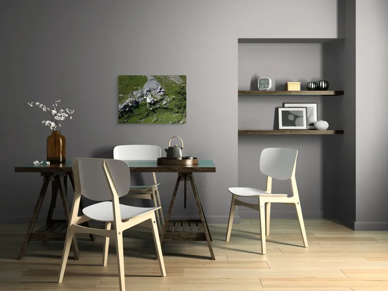Tablou Canvas, "Coliba singuratică în munții verzi", Verdant, Stânci, Cabana, Izolat, Peisaj, Pitoresc, Natură, Alpin, Silentios, Evasiv, 70 x 50 cm – poza 5
