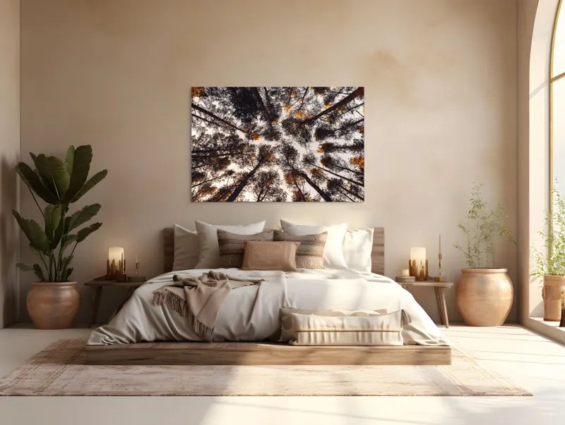 Tablou Canvas, "Privind spre cer printre pini", Copaci, Cer, Ramuri, Frunziș, Natură, Apus, Siluete, Pădure, Înalt, Vârfuri, 150 x 100 cm – poza 4